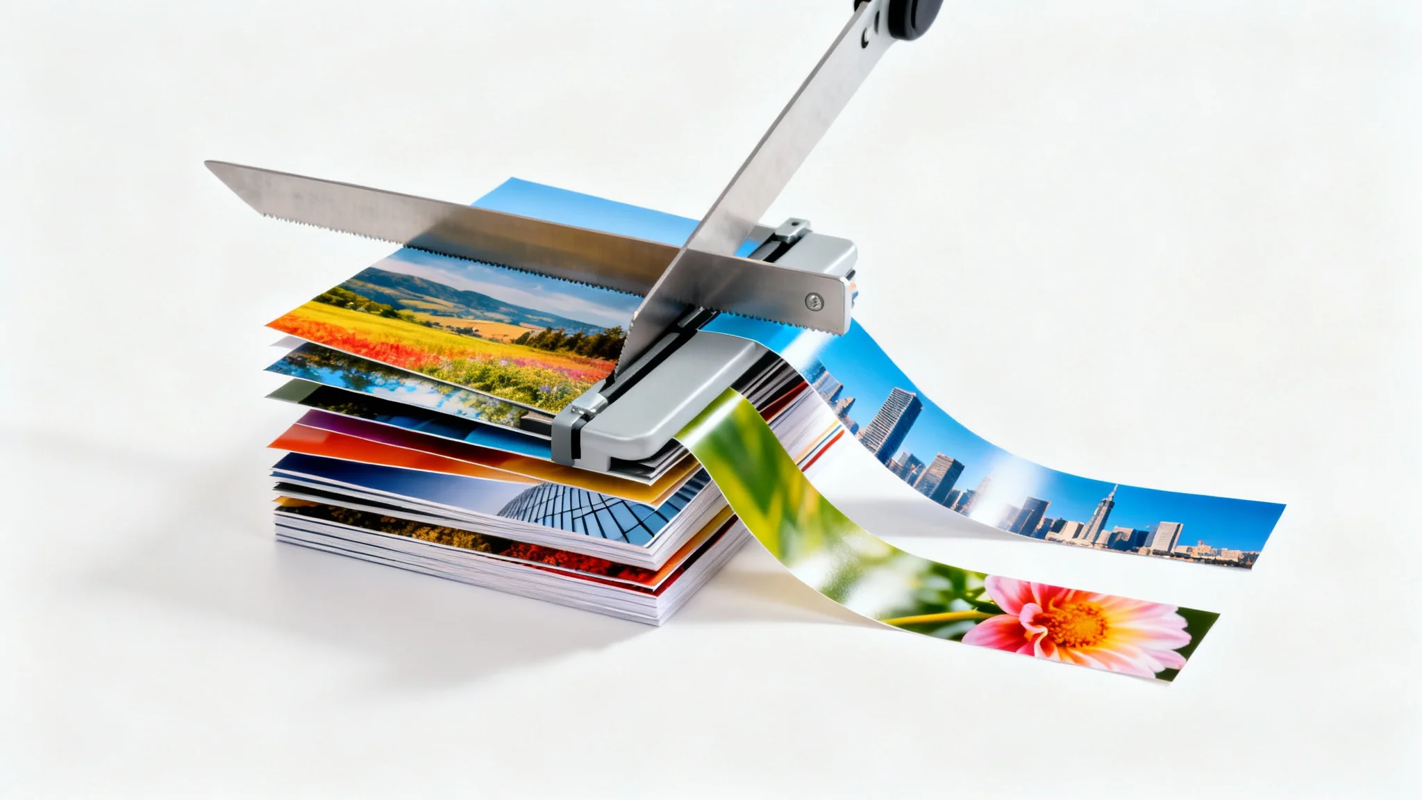 A stack of multiple photographs being cut all at once by a paper cutter, illustrating the concept of batch cropping images.