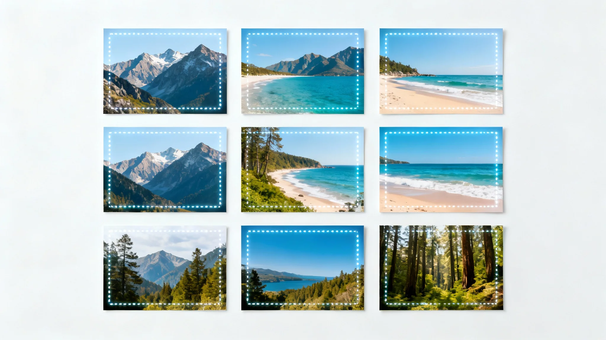 A grid of nine diverse nature photos on a white background, with each photo marked by an identical dotted-line rectangle to illustrate the concept of batch image cropping.