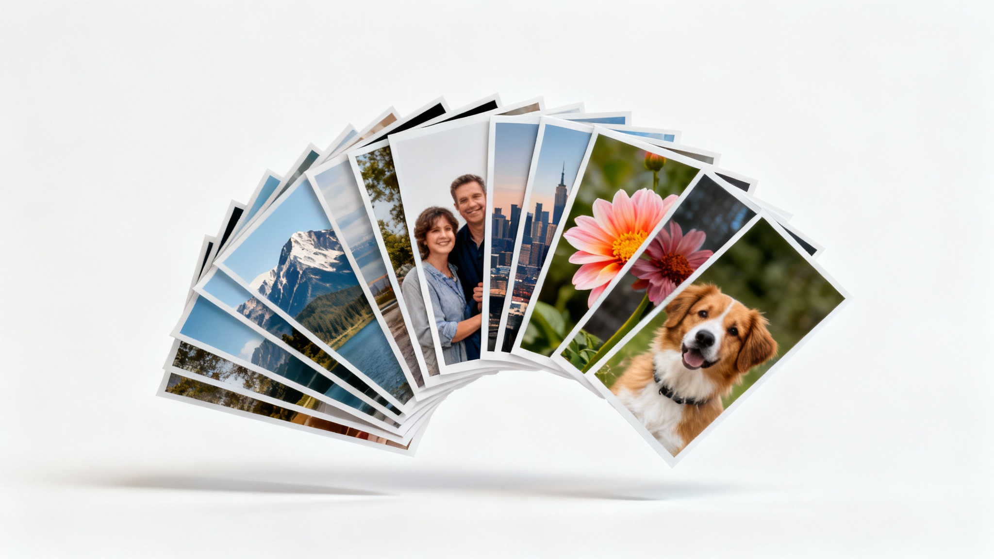 A stack of photographs fanned out on a white background. Each photo shows a different subject but is uniformly cropped into a tall, narrow shape, demonstrating a batch cropping effect.