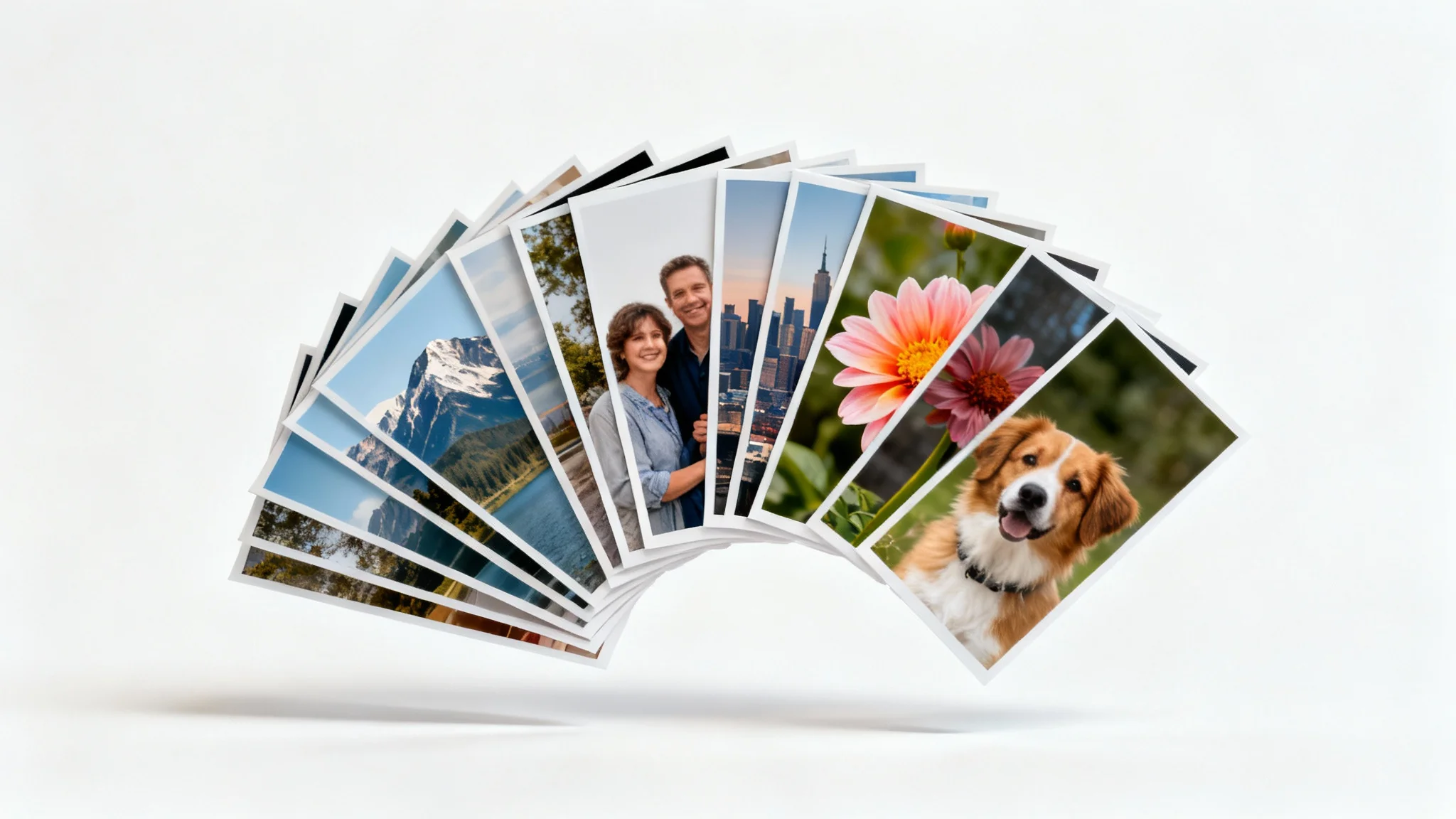 A stack of photographs fanned out on a white background. Each photo shows a different subject but is uniformly cropped into a tall, narrow shape, demonstrating a batch cropping effect.