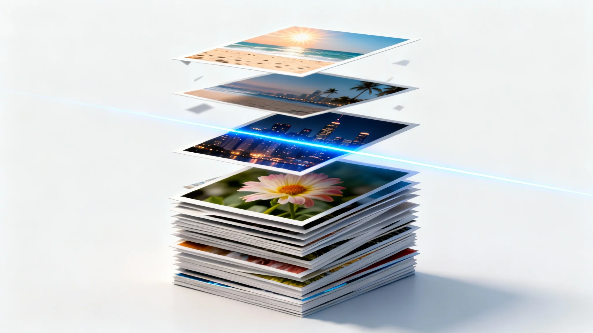 A 3D illustration showing a stack of photographs being cropped all at once by a glowing blue line, symbolizing a batch image crop process.