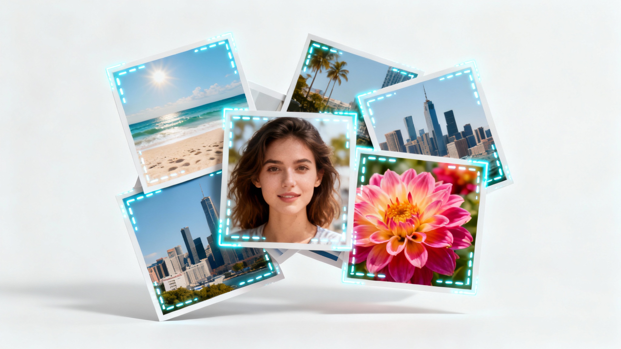 A stack of various photographs on a white background, with digital cropping marks overlaid on all of them at once, visually representing the concept of batch image cropping.