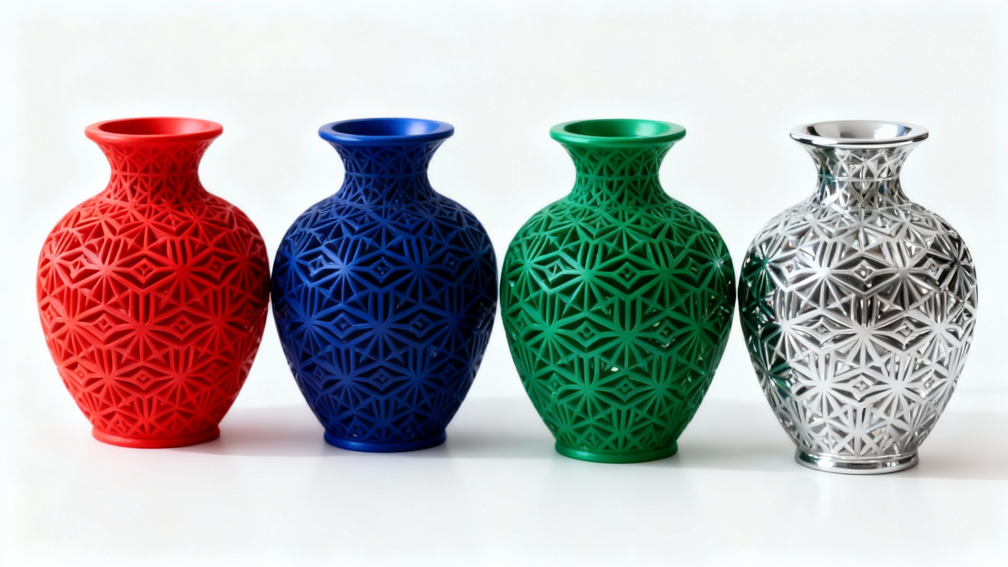 Four identical 3D printed vases with geometric patterns arranged in a row, each a different color—red, blue, green, and chrome—to showcase the result of a recoloring tool.
