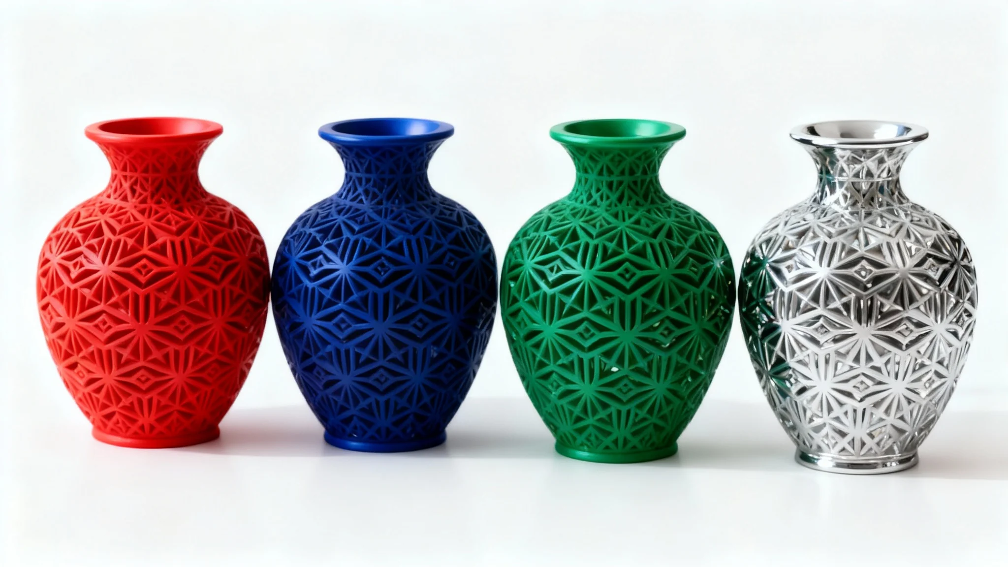 Four identical 3D printed vases with geometric patterns arranged in a row, each a different color—red, blue, green, and chrome—to showcase the result of a recoloring tool.