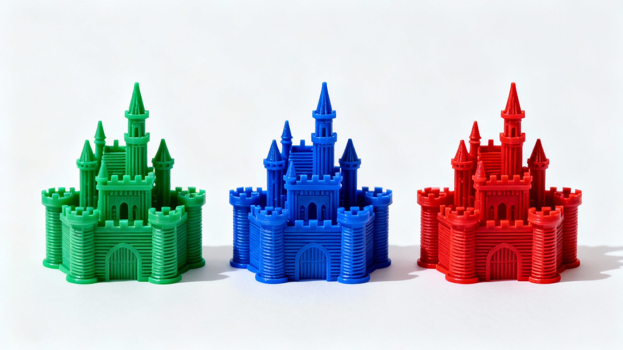 Three identical 3D printed castles in a row against a white background, showcasing a recoloring effect. The castles are green, blue, and red respectively.