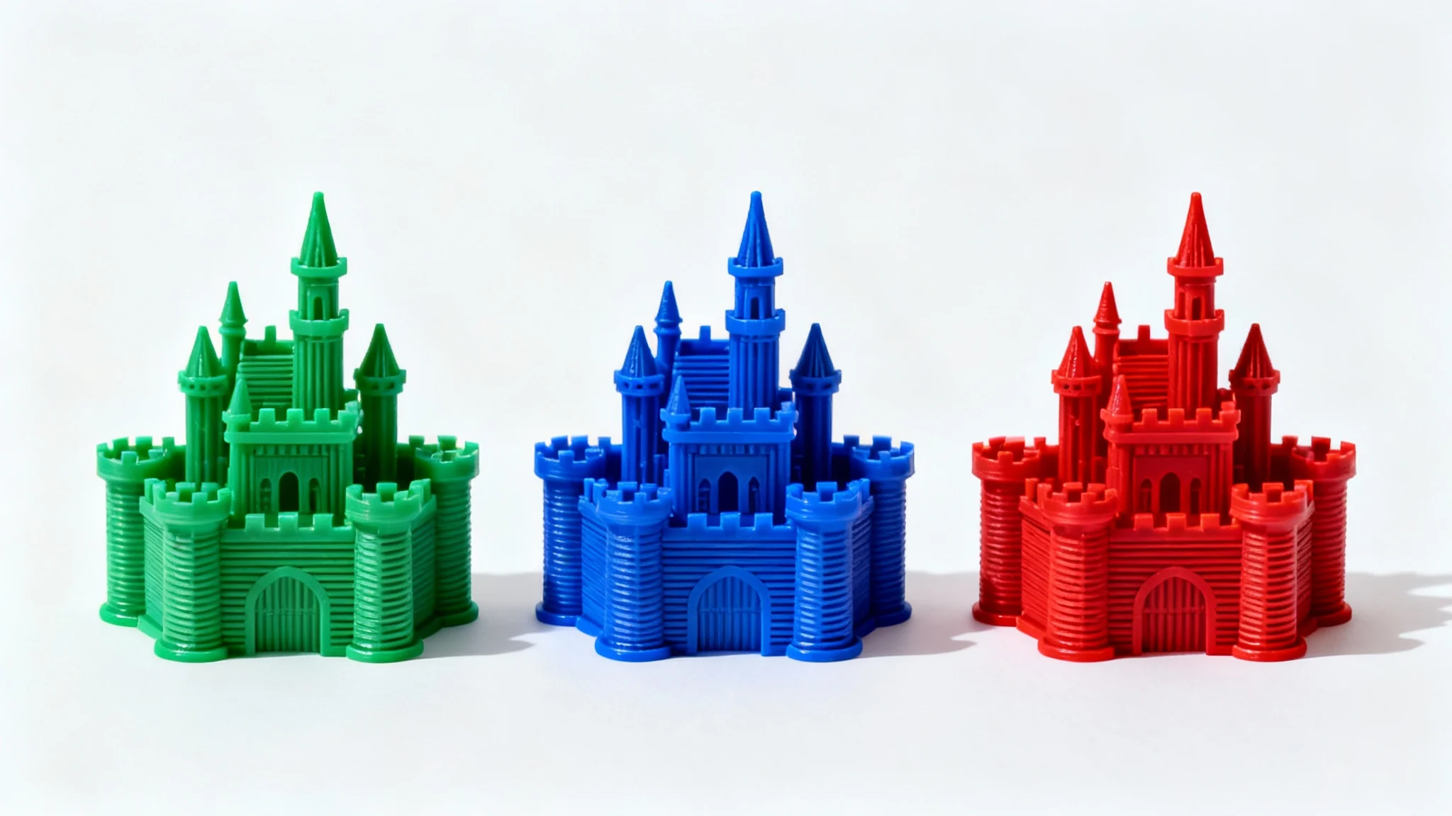 Three identical 3D printed castles in a row against a white background, showcasing a recoloring effect. The castles are green, blue, and red respectively.