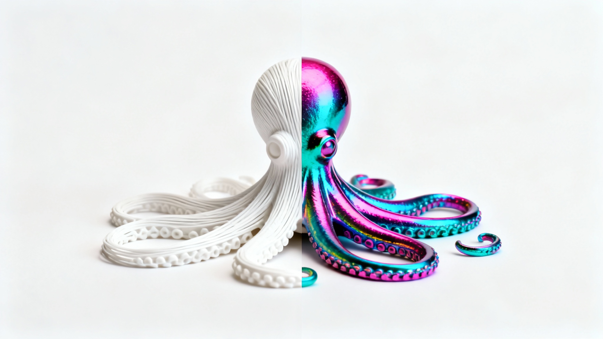 A 3D printed octopus figurine on a white background, half of which is plain white and the other half is recolored with a vibrant, shimmering rainbow effect, illustrating a recoloring feature.