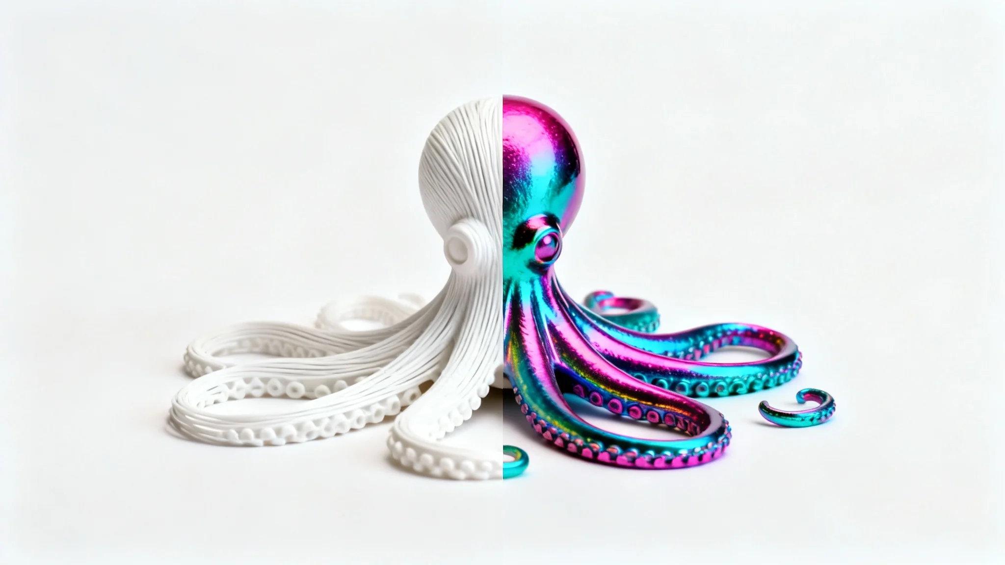 A 3D printed octopus figurine on a white background, half of which is plain white and the other half is recolored with a vibrant, shimmering rainbow effect, illustrating a recoloring feature.