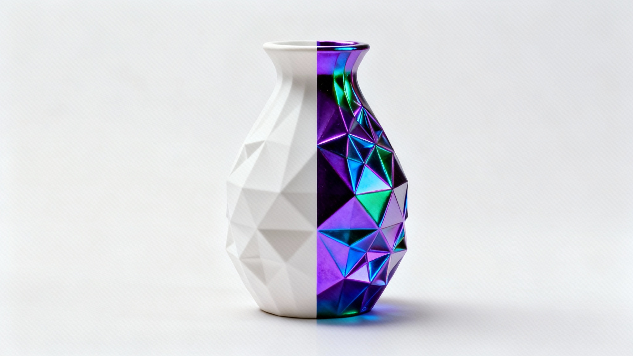 A 3D printed vase shown on a white background, with the left side being plain white and the right side being a vibrant, multi-color iridescent finish, demonstrating a recoloring effect.
