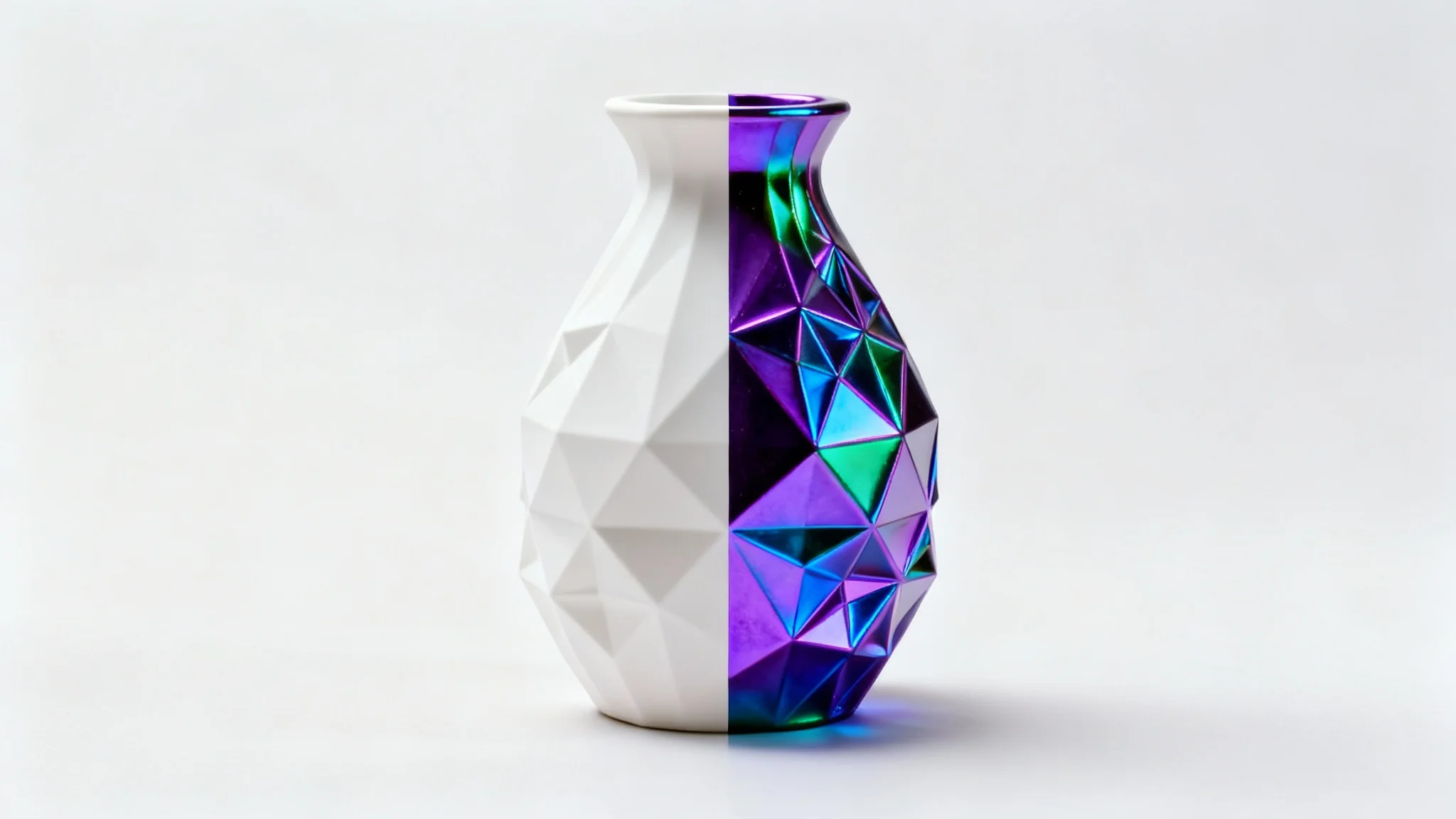 A 3D printed vase shown on a white background, with the left side being plain white and the right side being a vibrant, multi-color iridescent finish, demonstrating a recoloring effect.