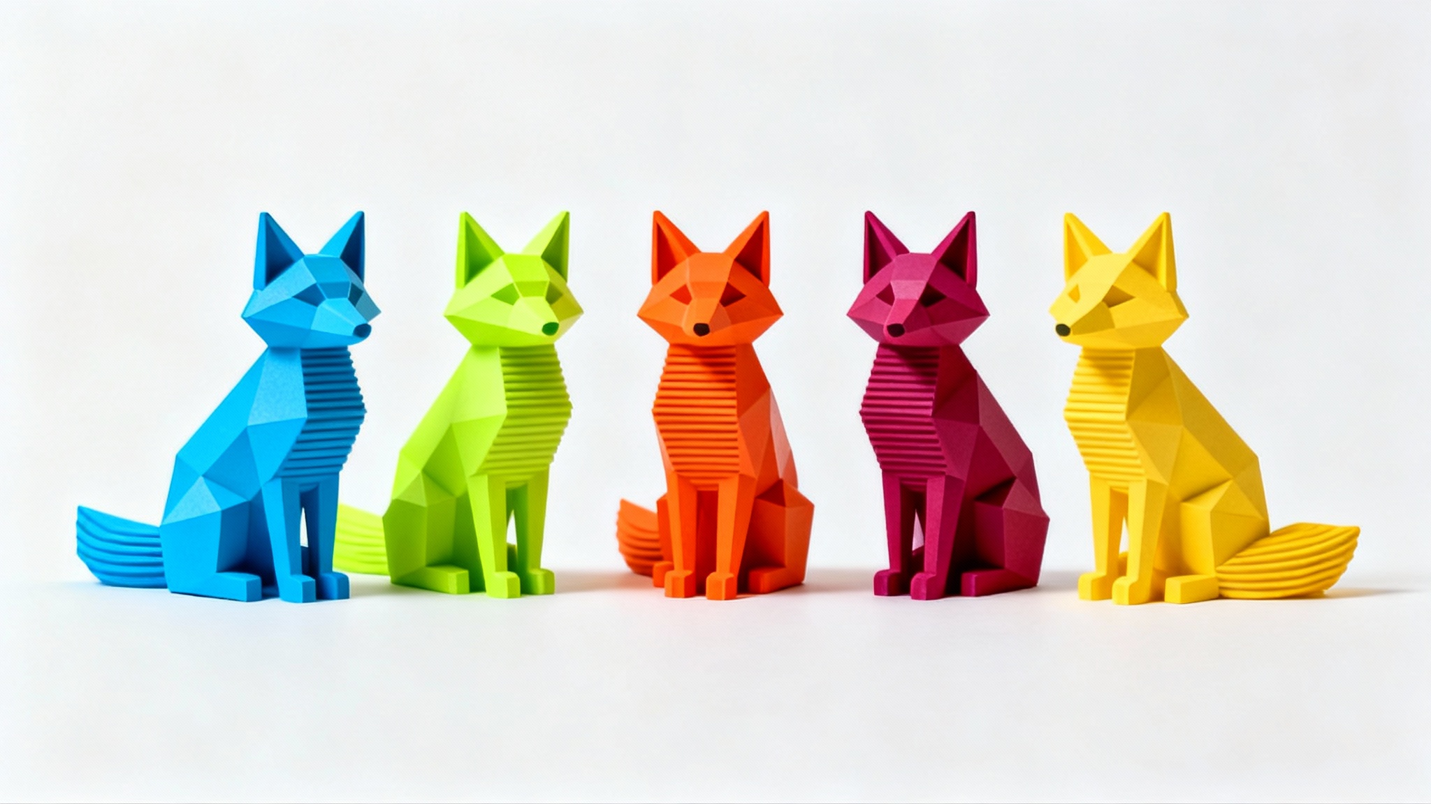 A row of five identical 3D-printed low-poly fox figurines, each in a different vibrant color, lined up against a clean white background, demonstrating the ability to recolor a 3D model.