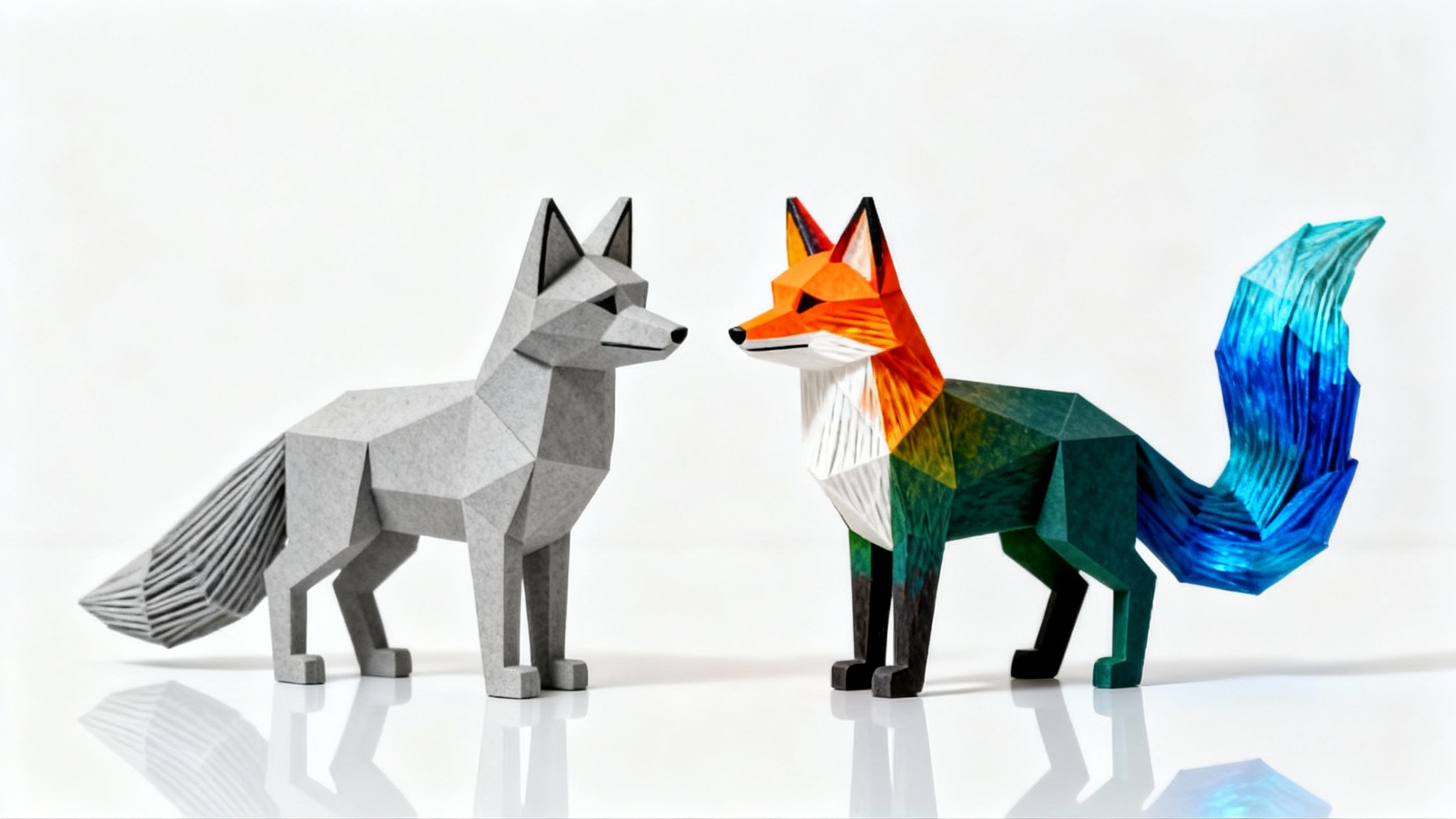 A side-by-side comparison of a 3D printed geometric fox statuette. The left version is plain grey plastic, and the right version is vibrantly colored with orange, green, and blue, demonstrating a recoloring effect.