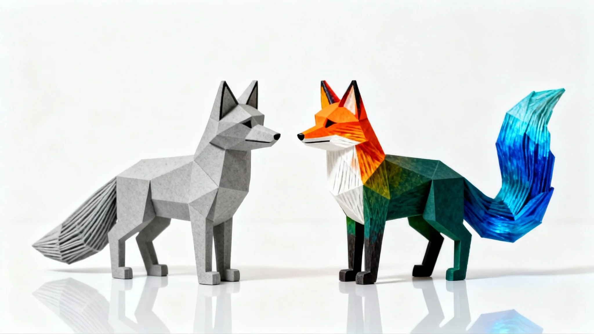 A side-by-side comparison of a 3D printed geometric fox statuette. The left version is plain grey plastic, and the right version is vibrantly colored with orange, green, and blue, demonstrating a recoloring effect.
