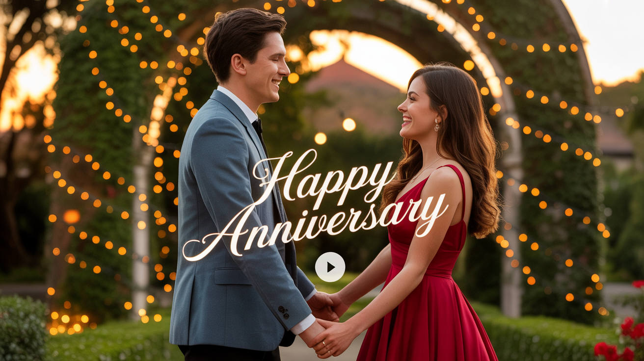 A still frame from a romantic anniversary video showing a happy couple in an outdoor setting with fairy lights. Elegant gold text 'Happy Anniversary' and a video play button are overlaid on the image, representing a finished video design.