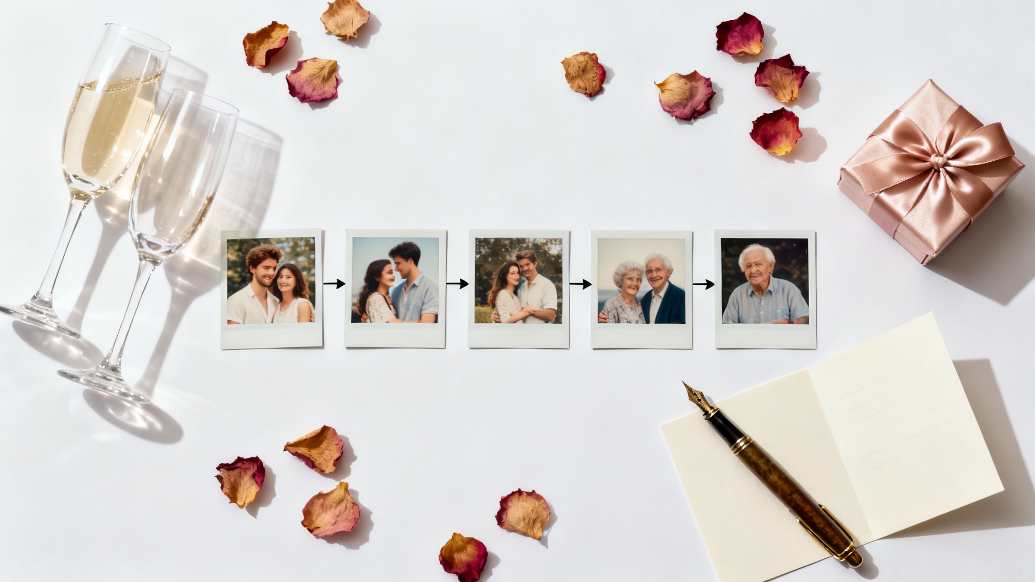 A flat lay mockup representing an anniversary video, with a timeline of photos of a couple, champagne flutes, and a gift box on a white background.