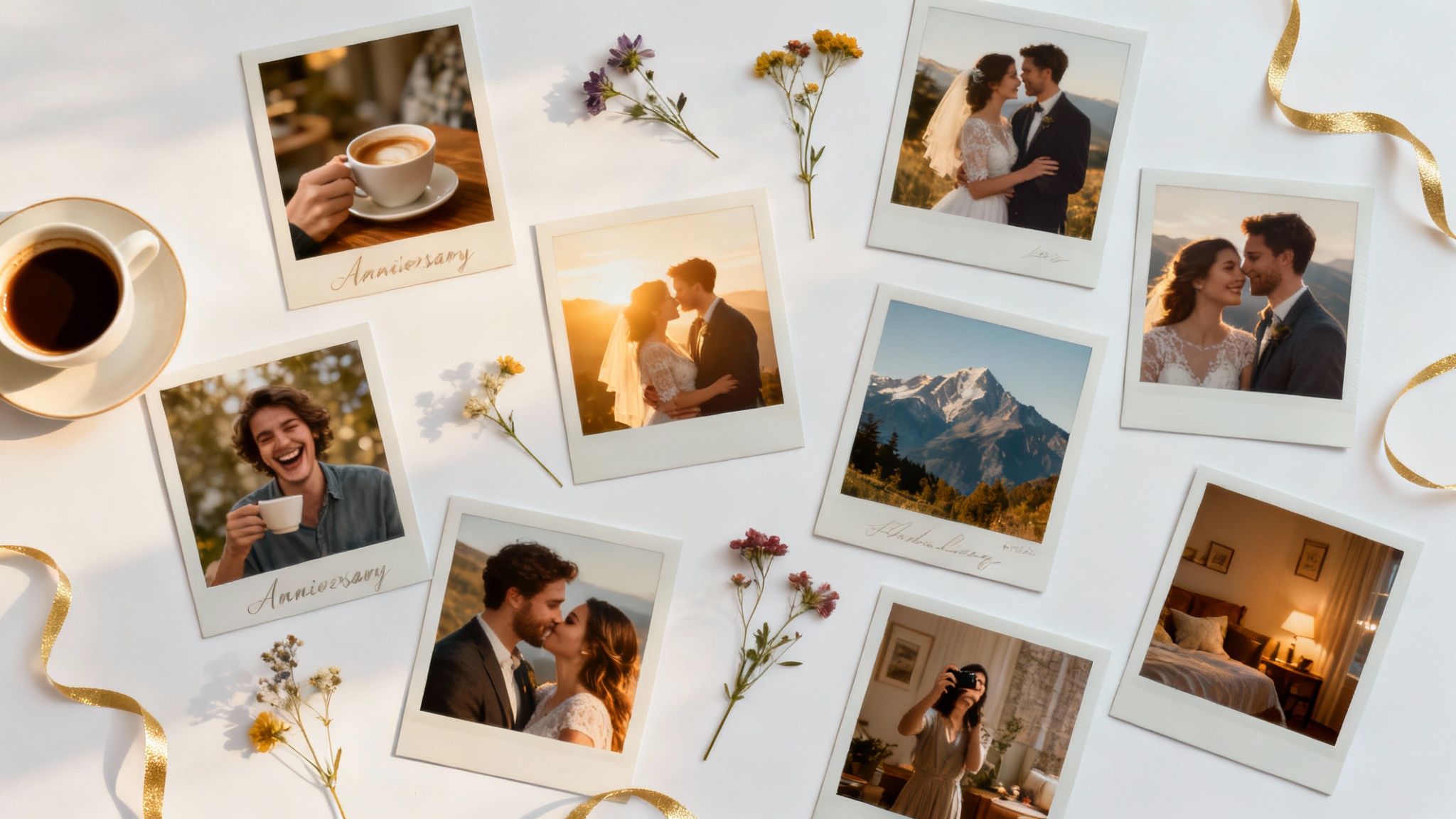 A flat lay of photographs showing a happy couple's life moments, celebrating an anniversary, scattered on a white background with decorative petals and a ribbon.