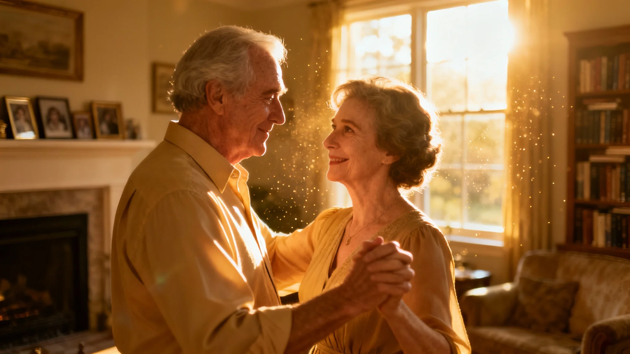 An elderly couple slow dancing romantically in their living room, representing the creation of a heartfelt anniversary video.