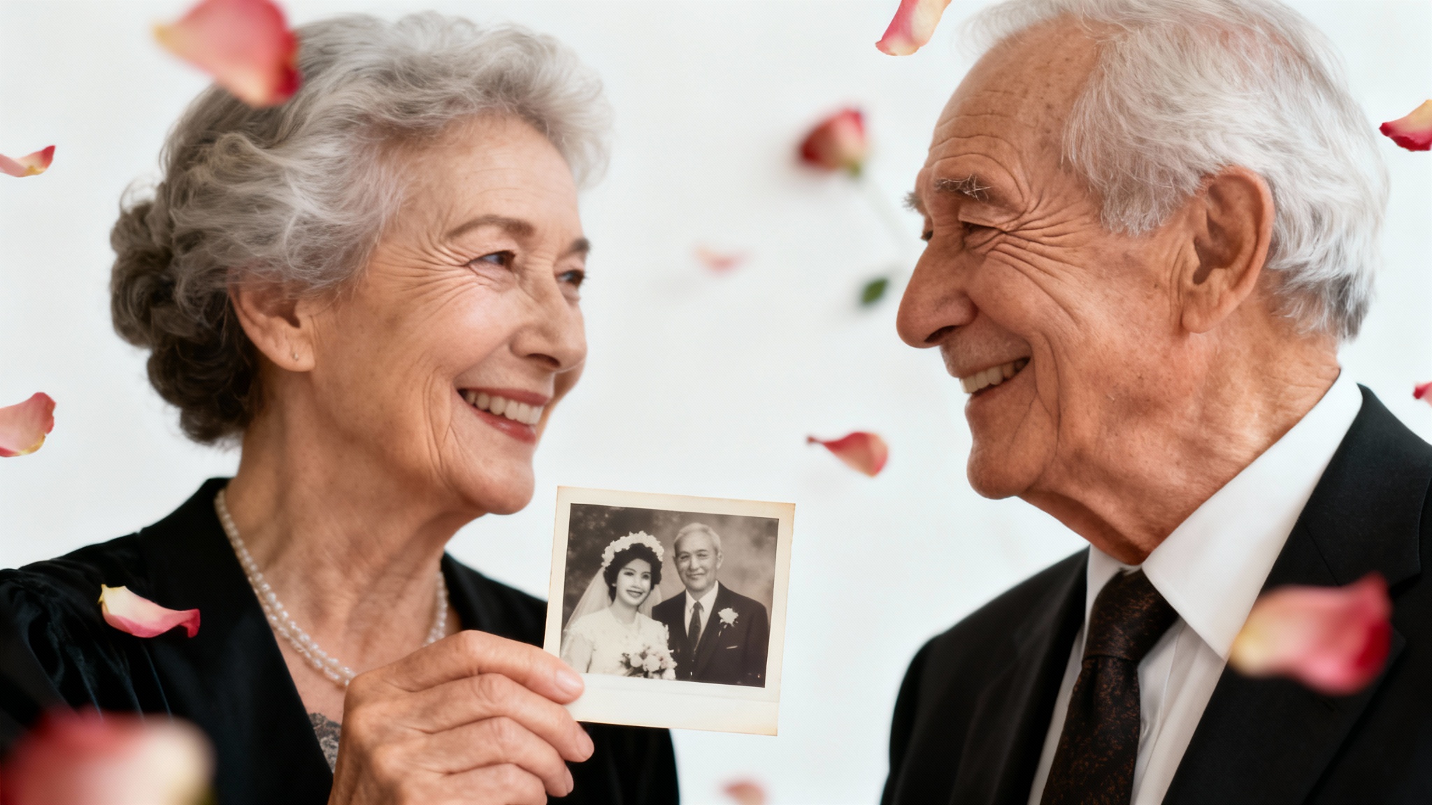 An elegant elderly couple smiles lovingly at each other while holding an old wedding photo, representing a heartfelt anniversary video. The scene is set against a clean white background.