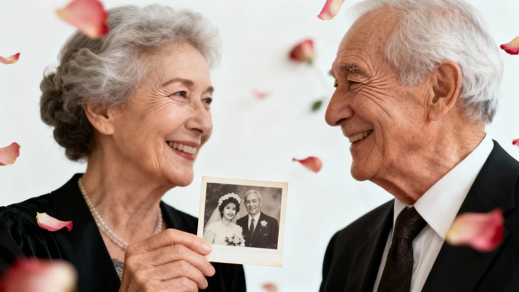 An elegant elderly couple smiles lovingly at each other while holding an old wedding photo, representing a heartfelt anniversary video. The scene is set against a clean white background.
