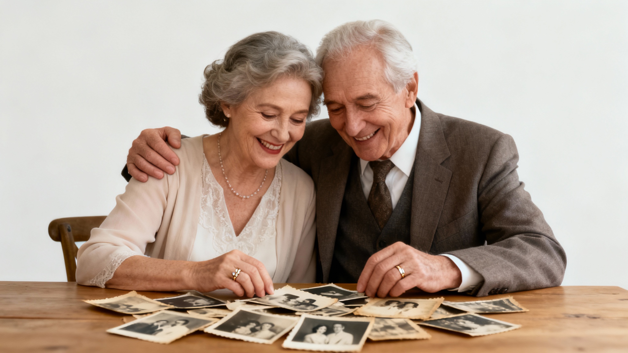 A photorealistic image of an elderly couple smiling as they look at old photographs spread on a table, symbolizing the creation of a beautiful anniversary video.
