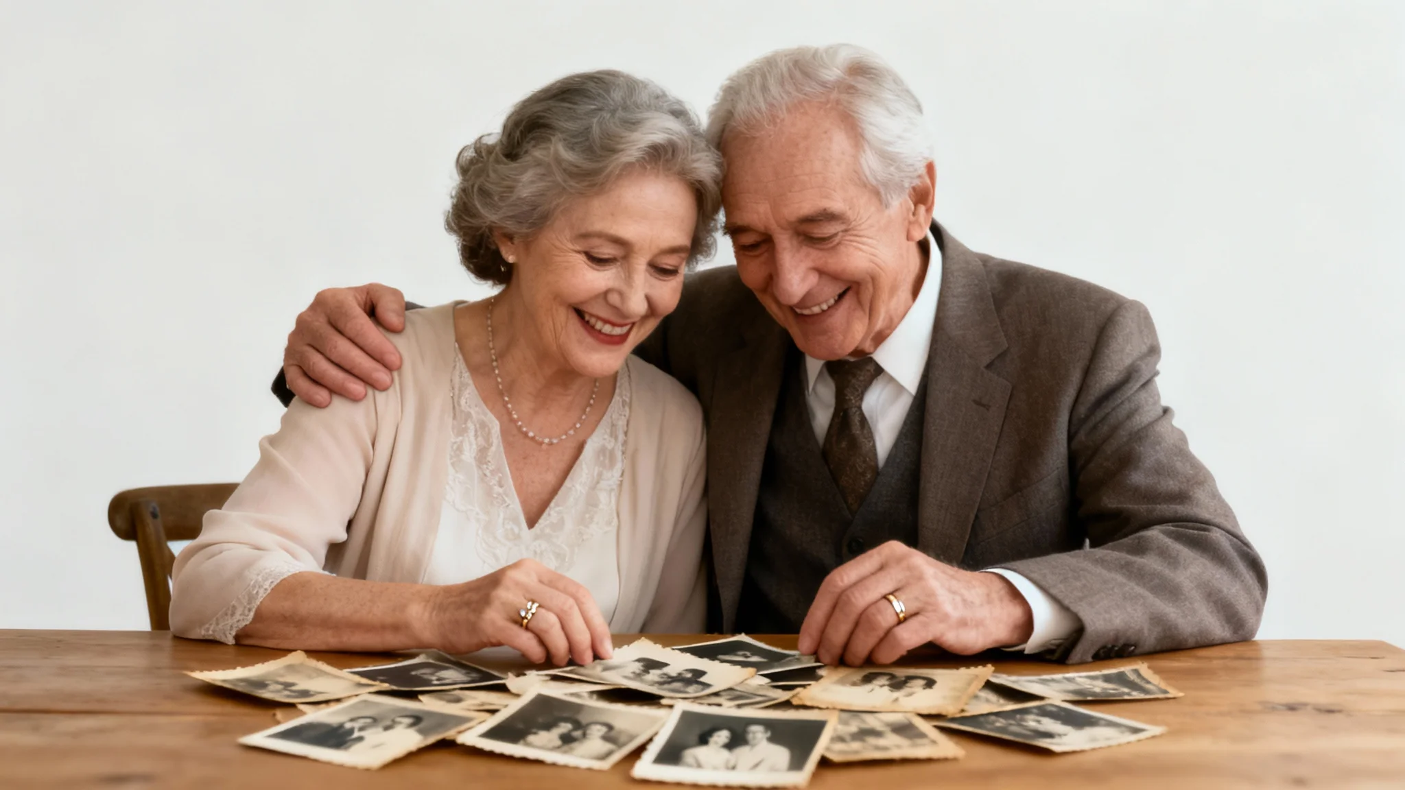 A photorealistic image of an elderly couple smiling as they look at old photographs spread on a table, symbolizing the creation of a beautiful anniversary video.