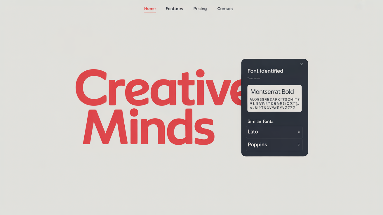 An image demonstrating a font matching tool. On the left is a graphic with the red text 'Creative Minds'. On the right is a UI panel showing the identified font is 'Montserrat Bold' and lists similar font options.