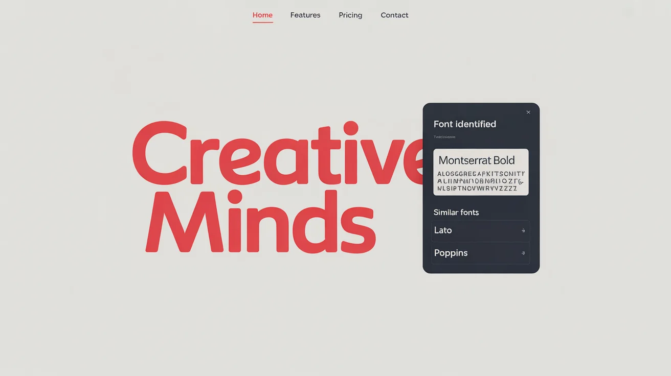 An image demonstrating a font matching tool. On the left is a graphic with the red text 'Creative Minds'. On the right is a UI panel showing the identified font is 'Montserrat Bold' and lists similar font options.