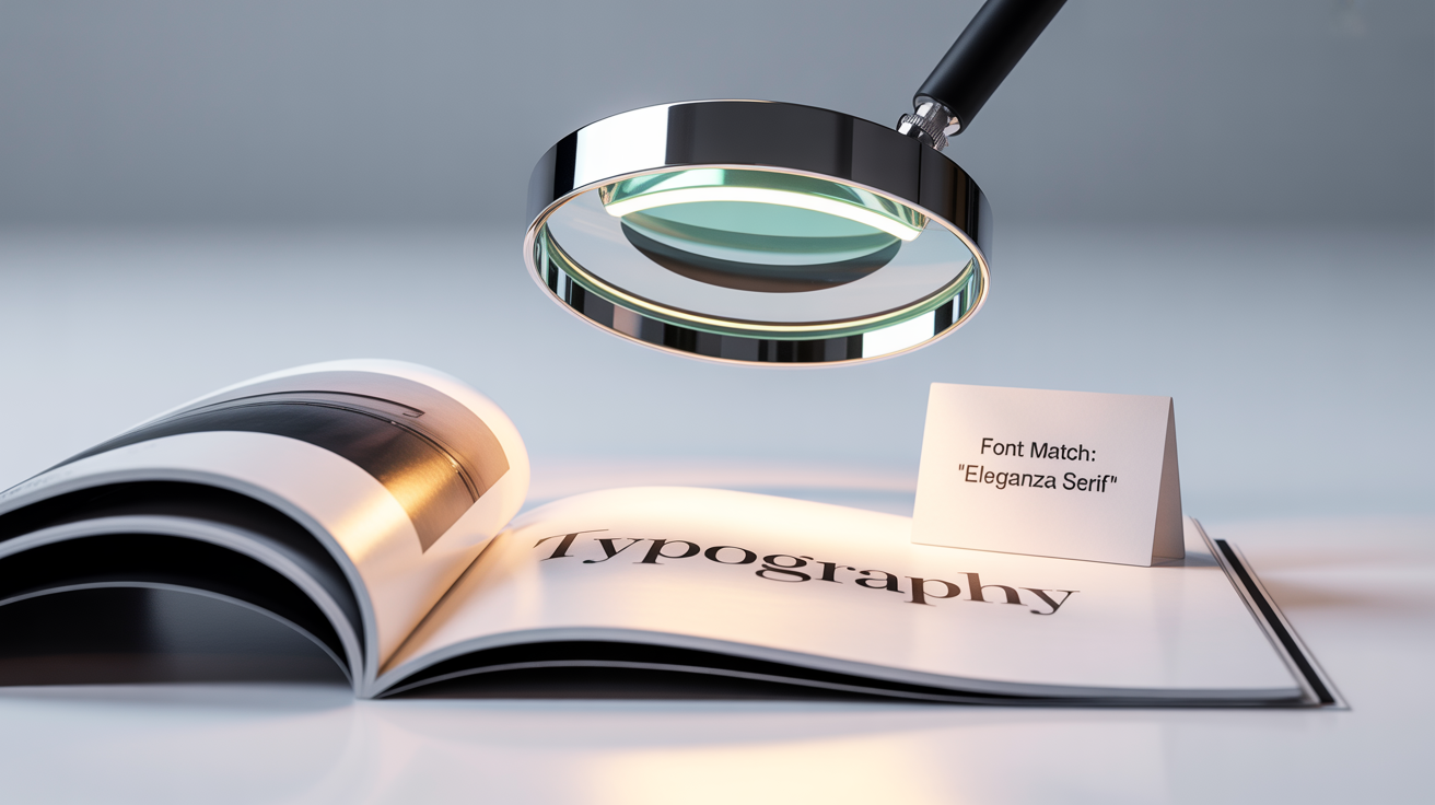A conceptual mockup showing a magnifying glass analyzing the word 'TYPOGRAPHY' on a page, with a card next to it identifying the font as a successful match.
