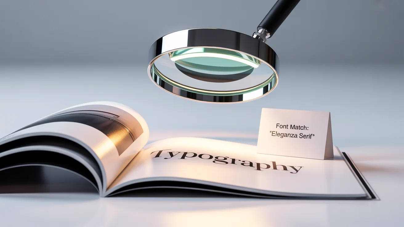 A conceptual mockup showing a magnifying glass analyzing the word 'TYPOGRAPHY' on a page, with a card next to it identifying the font as a successful match.