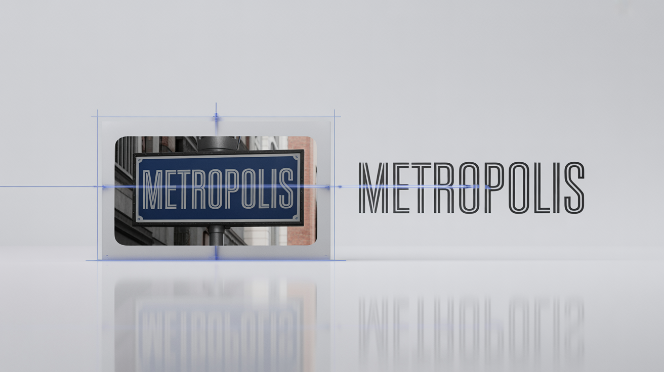 A conceptual image demonstrating font matching, where a photo of a street sign with the word 'METROPOLIS' is digitally scanned and converted into a clean vector text.