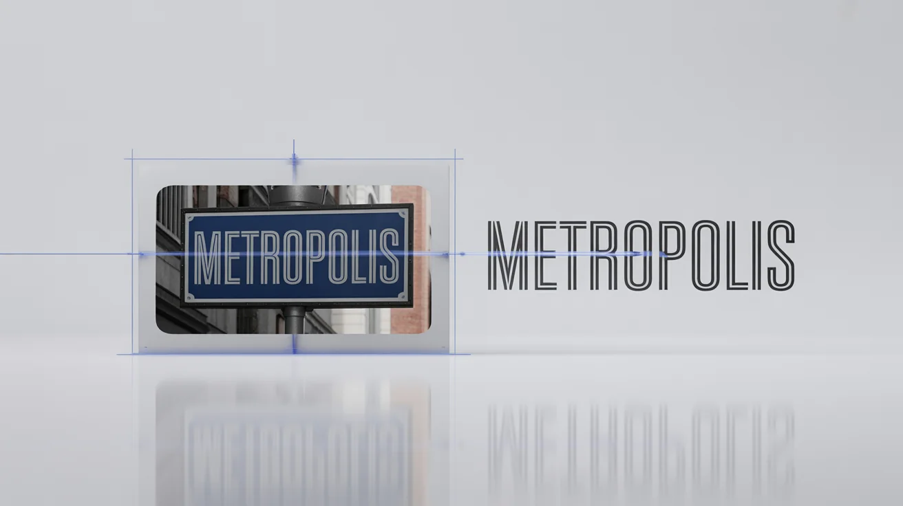 A conceptual image demonstrating font matching, where a photo of a street sign with the word 'METROPOLIS' is digitally scanned and converted into a clean vector text.