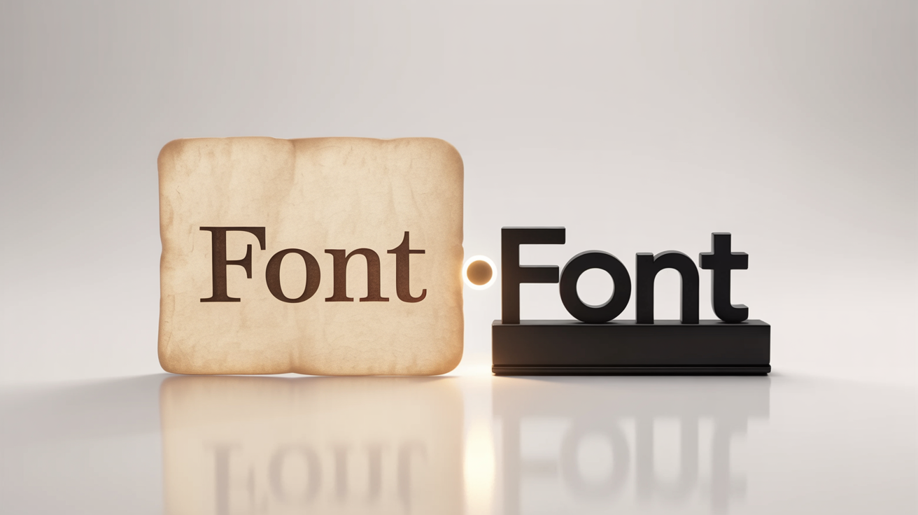 A conceptual image illustrating font matching, showing the word 'FONT' in a vintage style on textured paper being perfectly matched to its modern digital counterpart, against a clean white background.