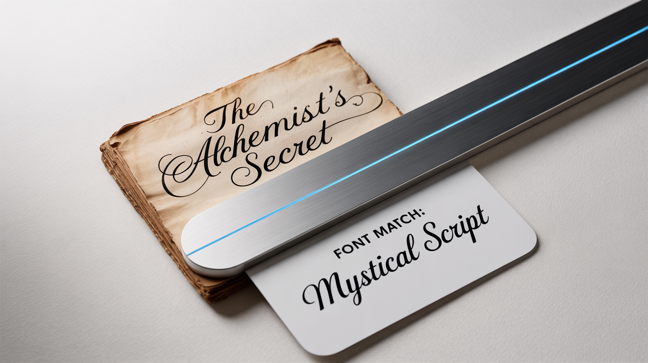 A conceptual mockup illustrating a font matching tool, showing a scanner over an old book's cursive text and a card next to it displaying the matched font.