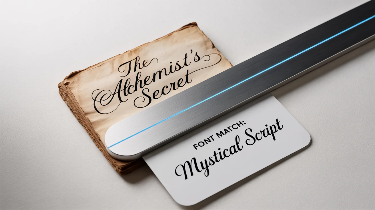A conceptual mockup illustrating a font matching tool, showing a scanner over an old book's cursive text and a card next to it displaying the matched font.