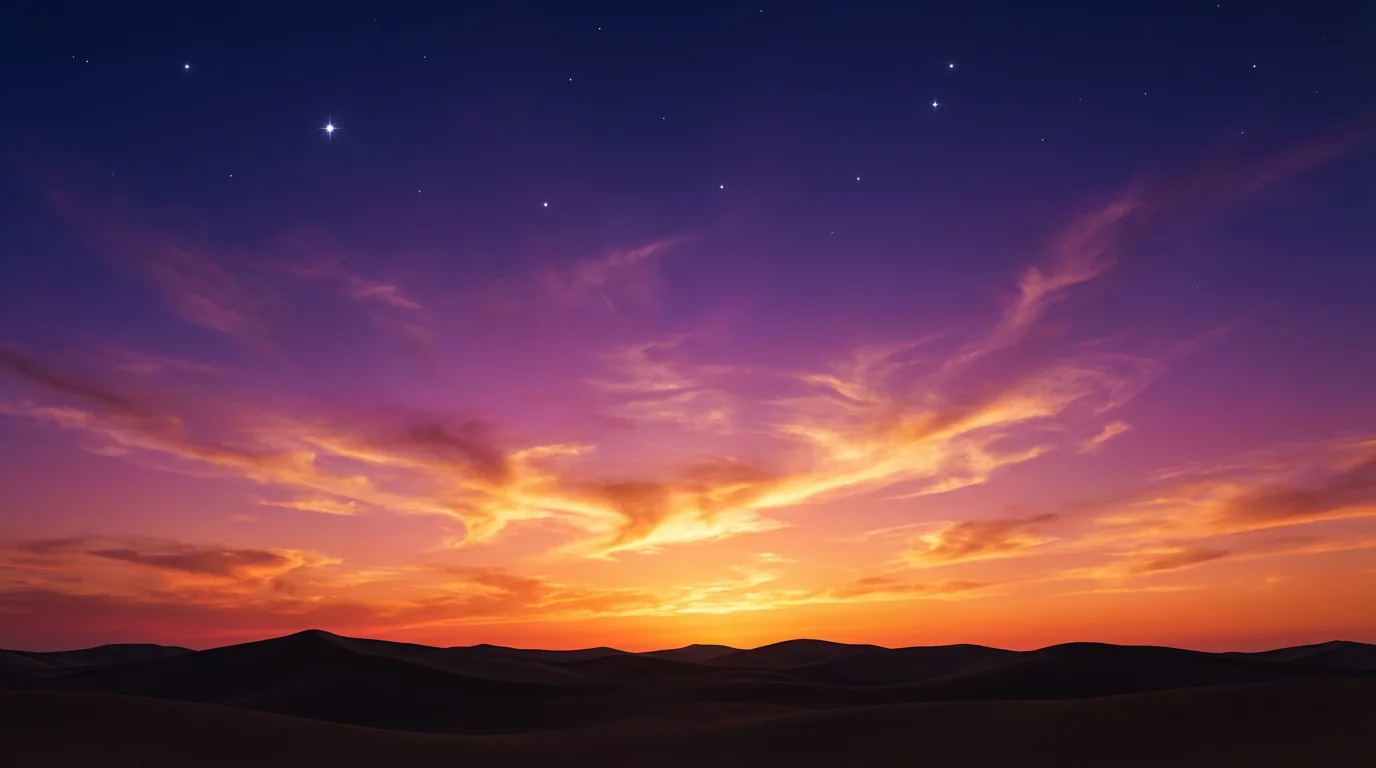 A stunning digital illustration of a desert sky at sunset, with a vibrant color gradient from orange to deep indigo. Wispy clouds glow in the fading light, and the first stars twinkle above the silhouette of desert sand dunes.