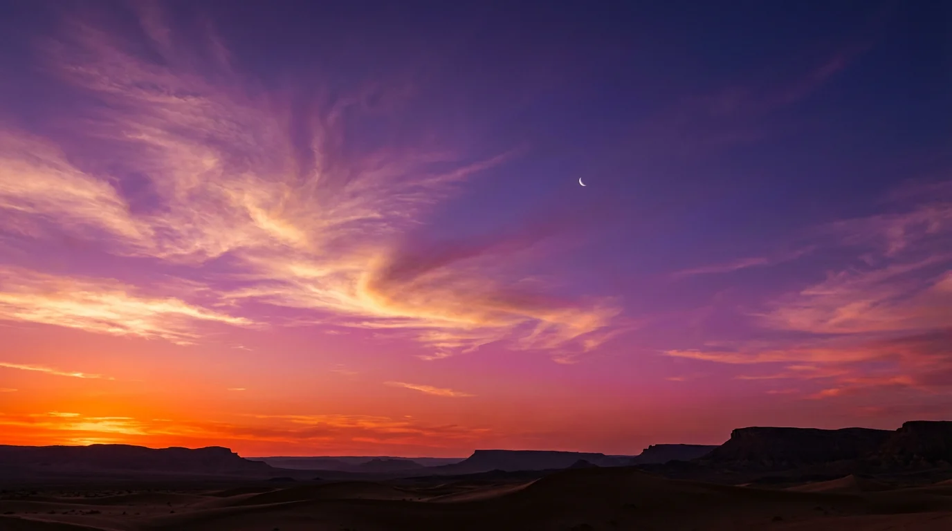 A stunning, photorealistic image of a desert sky at sunset, with a vibrant color gradient from orange to indigo, wispy clouds, a crescent moon, and silhouettes of dunes and mesas on the horizon.
