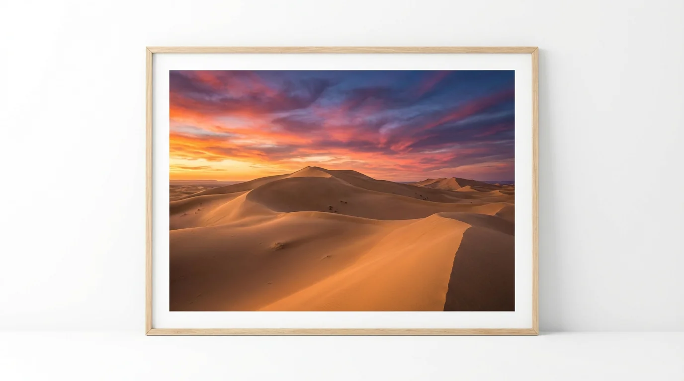 A photorealistic mockup of a desert background image, showing a vast expanse of golden sand dunes at sunset under a vibrant sky of orange, pink, and purple.