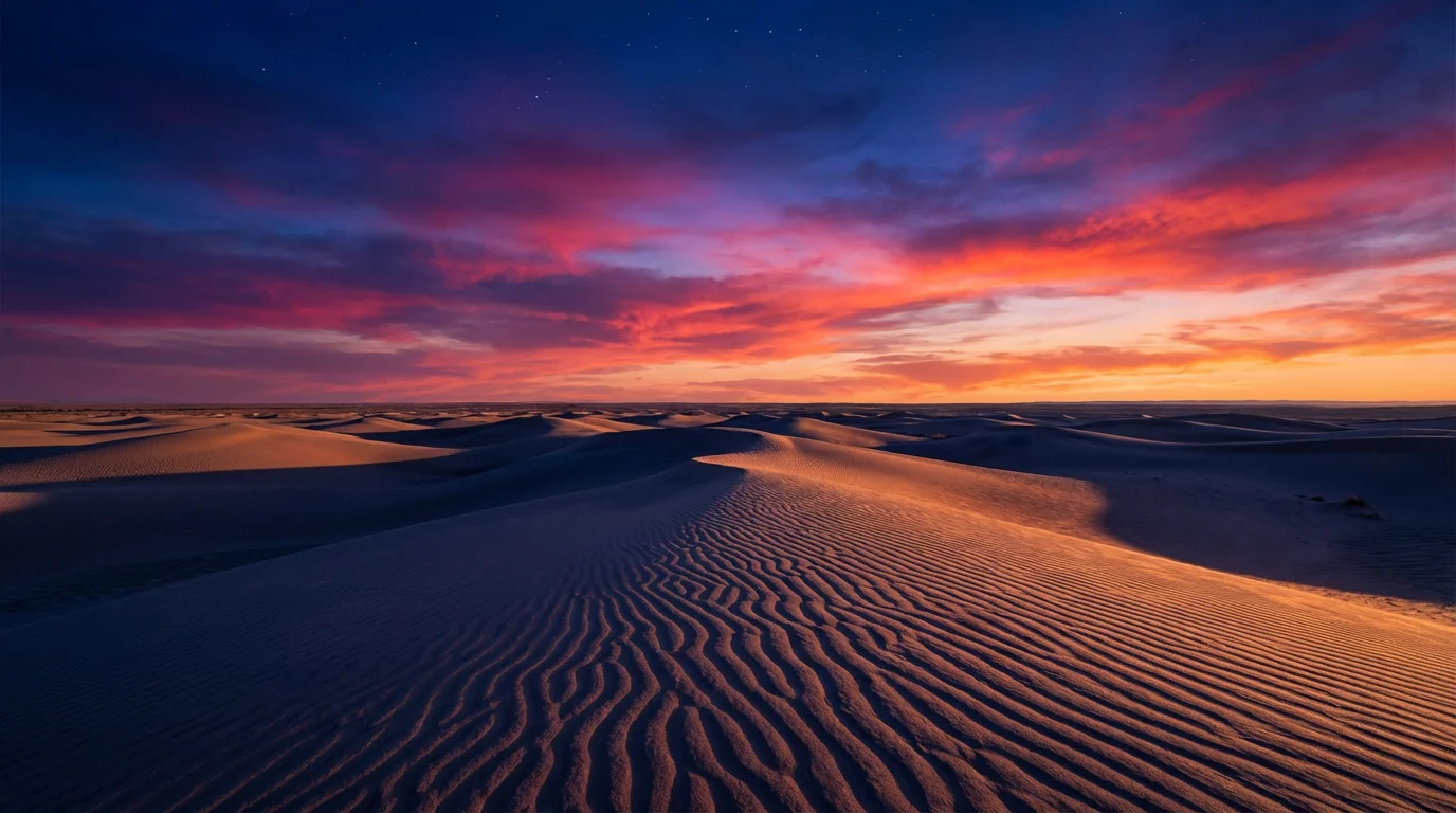 A photorealistic image of a vast desert at dusk, with rolling sand dunes under a dramatic sky filled with vibrant colors of orange, pink, and deep blue, and the first stars twinkling.