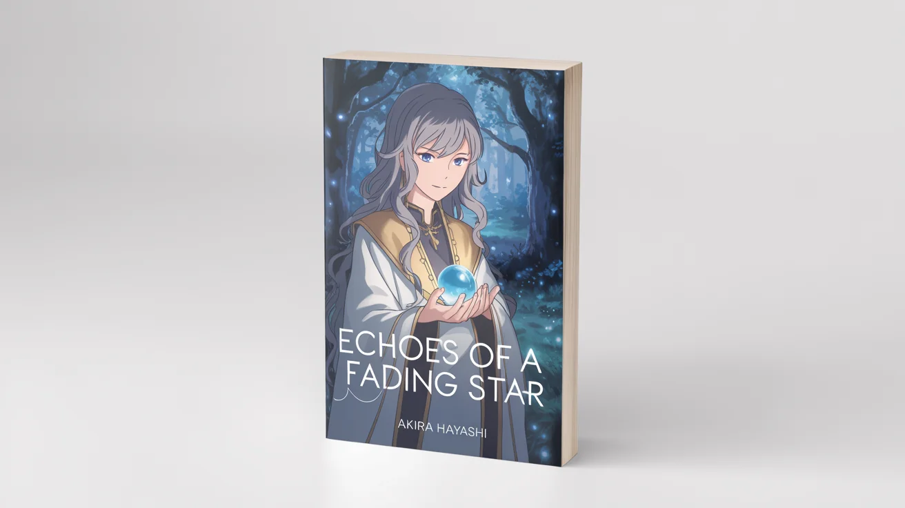 A mockup of a Japanese light novel with an anime-style cover, standing on a white background. The cover features a silver-haired girl and the title 'Echoes of a Fading Star'.