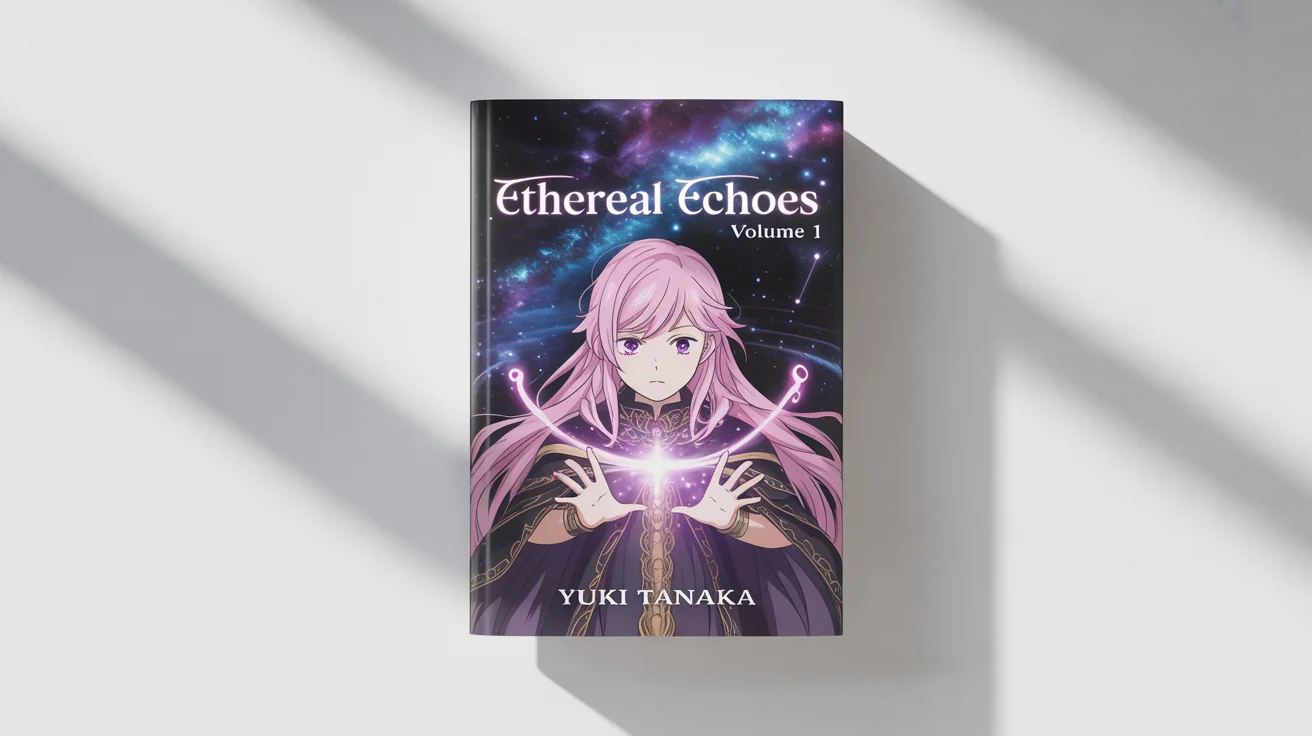 A mockup of a manga book cover titled 'Ethereal Echoes', showing a sorceress with pink hair casting a spell against a celestial background. The book is set against a plain white background.