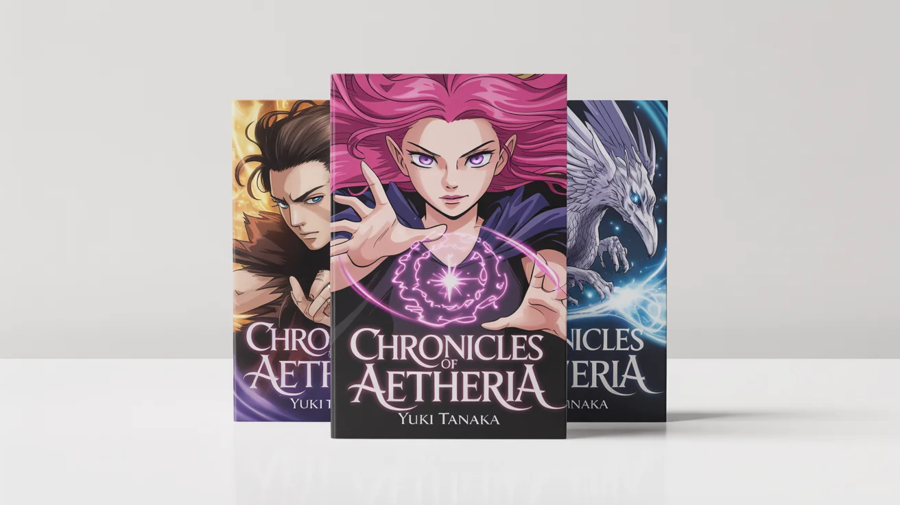 A mockup of three distinct manga book covers standing on a white background. The central cover features a female sorceress and the title 'Chronicles of Aetheria'.