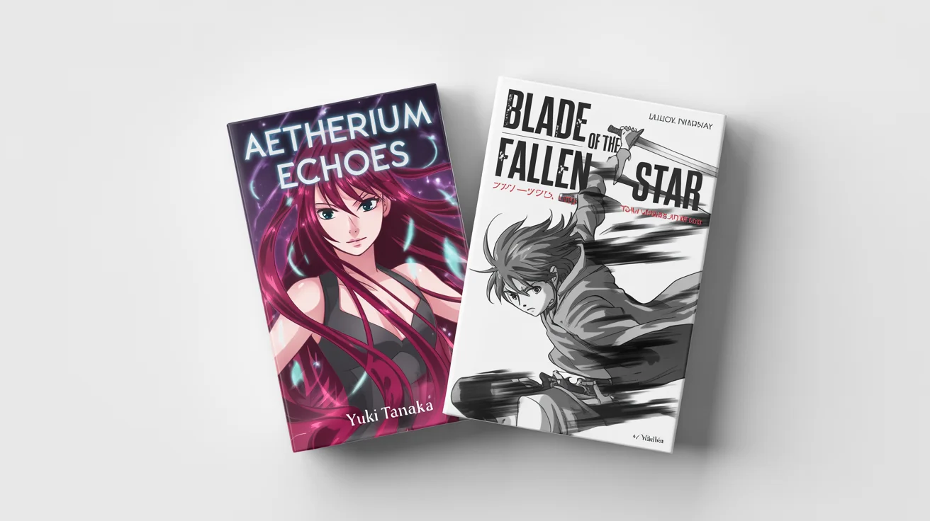 A photorealistic mockup of a manga and a light novel side-by-side. The light novel is titled 'Aetherium Echoes' and the manga is titled 'Blade of the Fallen Star', both featuring distinct anime and manga-style cover art.