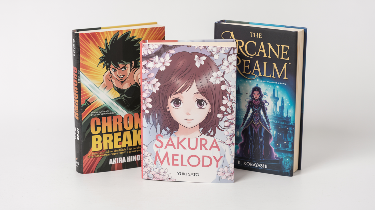 A mockup of three unique book covers for a manga, a webtoon, and a light novel, showcasing distinct art styles for action, romance, and fantasy genres, displayed against a clean white background.