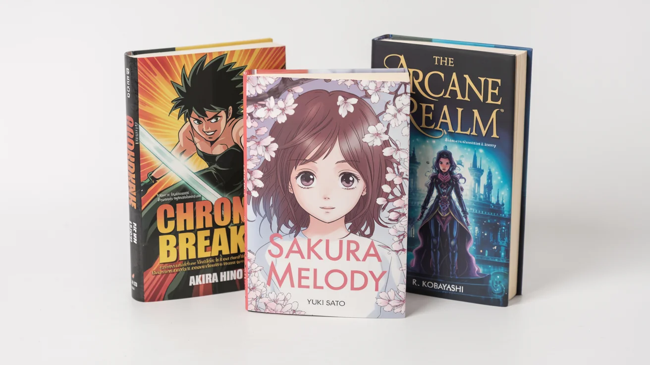 A mockup of three unique book covers for a manga, a webtoon, and a light novel, showcasing distinct art styles for action, romance, and fantasy genres, displayed against a clean white background.