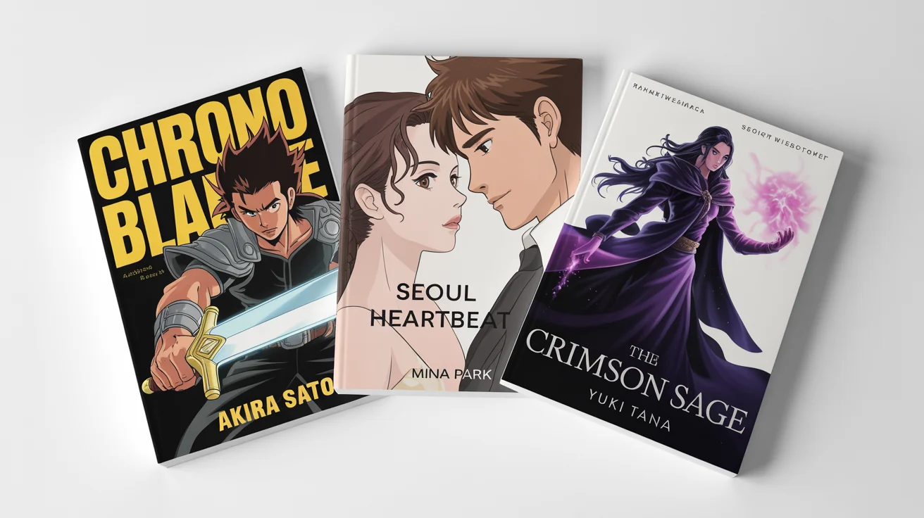 A professional mockup displaying three distinct, beautifully illustrated covers for a manga, a webtoon, and a light novel, arranged on a clean white background.
