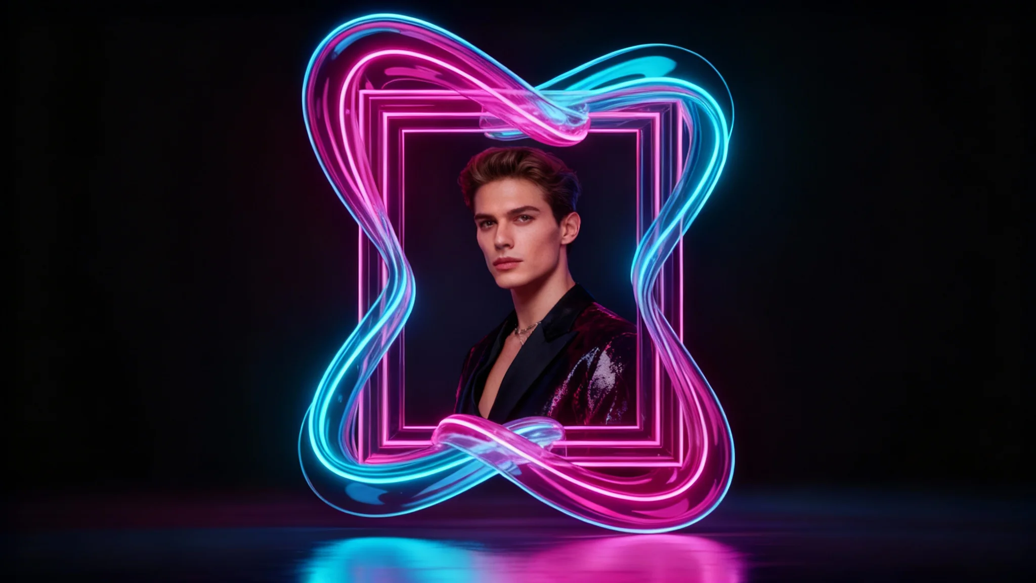 A stylish portrait photograph of a person, framed by a glowing blue and magenta rectangular neon light, demonstrating the final result of a neon frame photo effect.