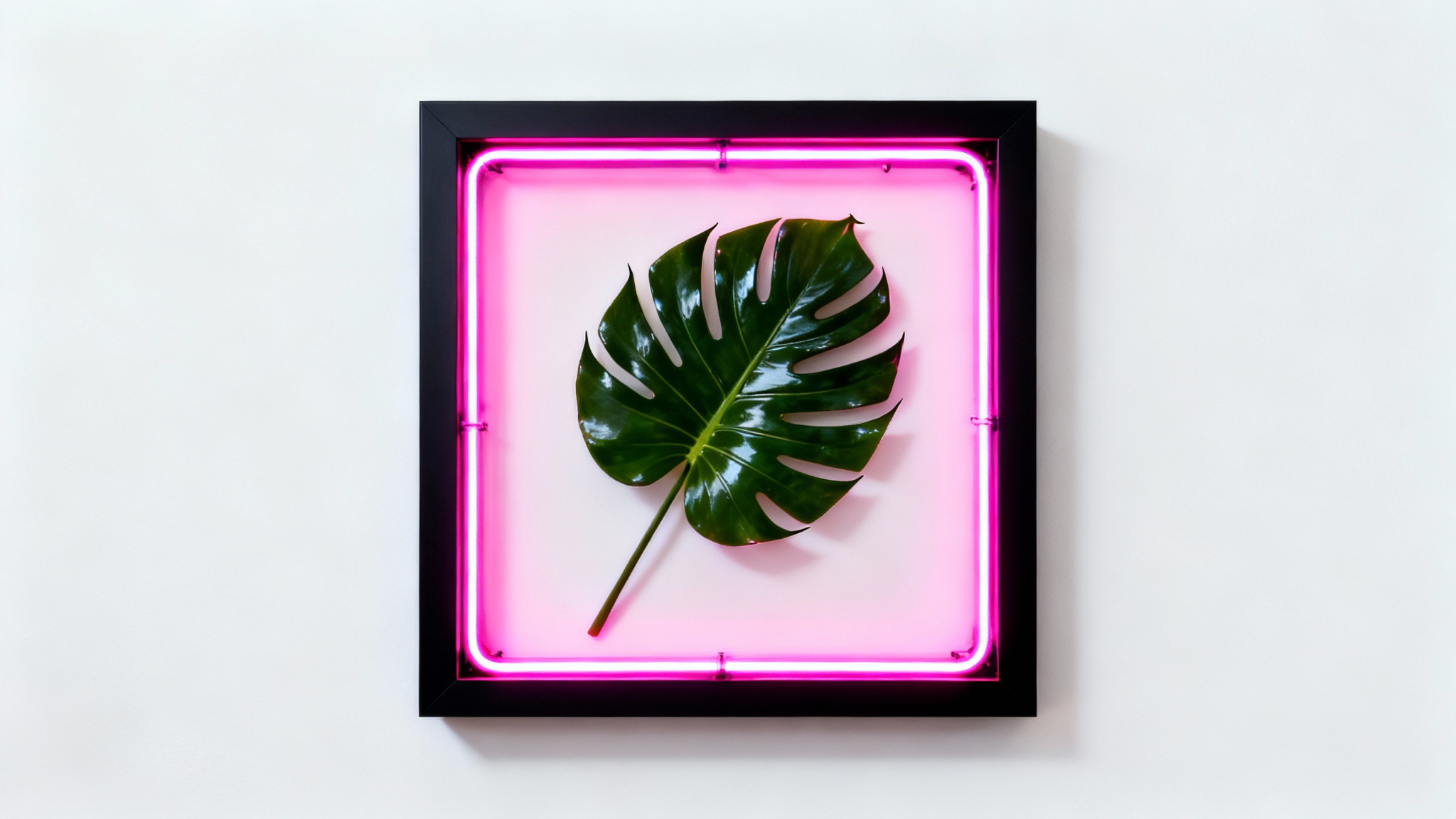 A close-up of a square black frame featuring a large green monstera leaf inside, illuminated by a bright pink neon light that lines the inside of the frame, set against a plain white background.