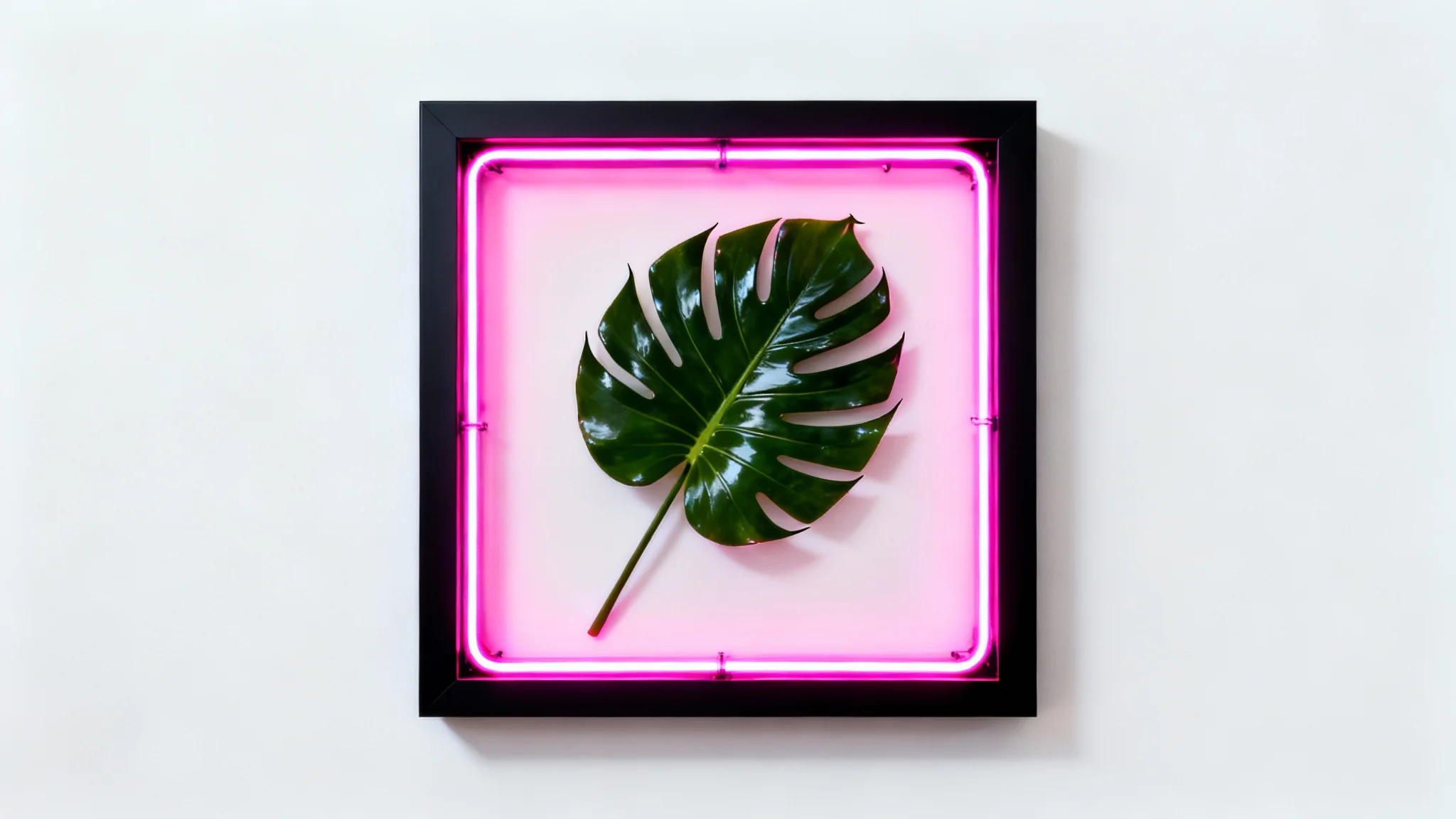 A close-up of a square black frame featuring a large green monstera leaf inside, illuminated by a bright pink neon light that lines the inside of the frame, set against a plain white background.