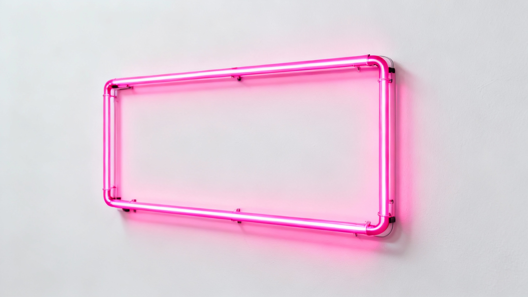 A minimalist product shot of a rectangular neon frame in a vibrant hot pink color, glowing brightly against a plain white background.