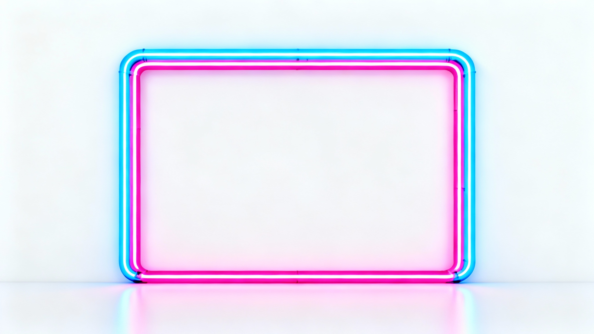 A rectangular frame made of glowing blue and pink neon lights, casting a soft glow on a clean white background.